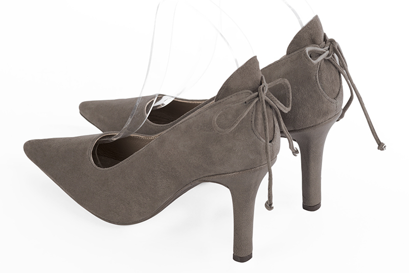 Taupe brown women's dress pumps, with a round neckline. Pointed toe. High slim heel. Rear view - Florence KOOIJMAN